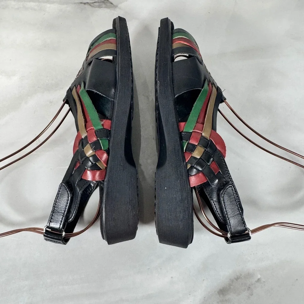 Vintage‎ Dr. Scholl's Huaraches Mexican Sandals Woven Black Leather Boho 7.5 W
